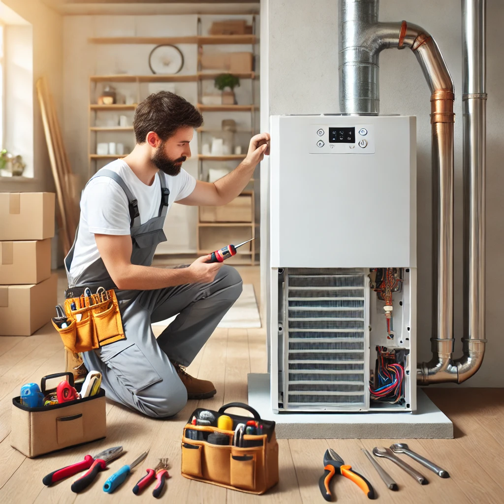 Mikołów - Technik wykonujący serwis pompy ciepła w budynku mieszkalnym.