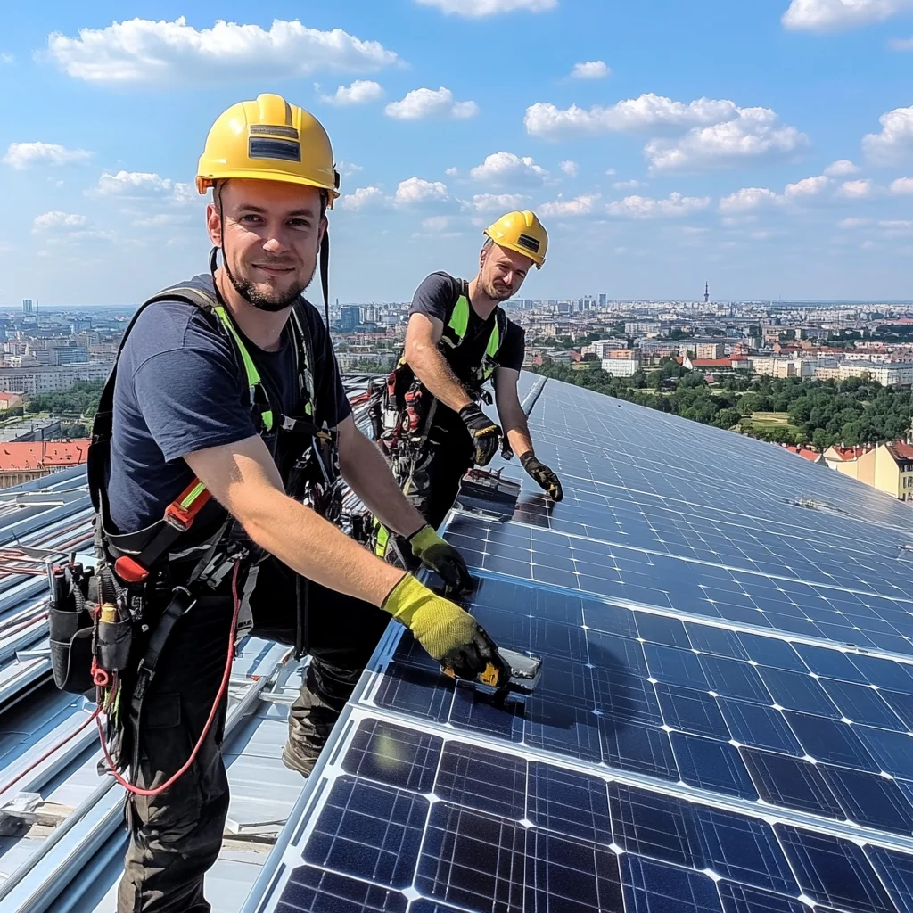Fotowoltaika Katowice - Specjaliści montujący panele fotowoltaiczne na dachu budynku w Katowicach.